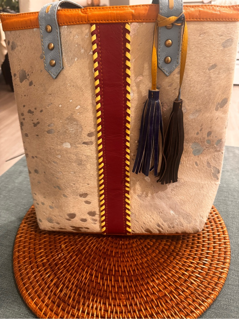 Cream Haircalf Tote with Burgundy Center Stripe and Tassels